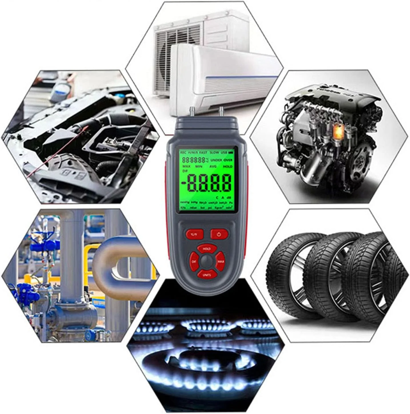 مانومتر دیجیتال با صفحه نمایش LCD و دو پورت برای سیستم های تهویه مطبوع و کانال های تهویه