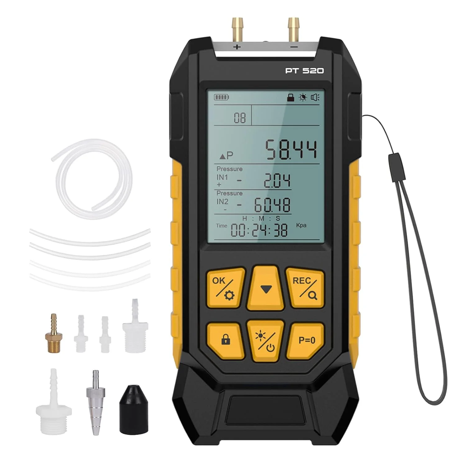 فشارسنج گاز LINXINO PT520، فشارسنج دیجیتال، فشارسنج هوا دو پورت، فشارسنج گاز HVAC با 10 واحد قابل انتخاب، آداپتورهای مختلف، 100- تا 200 کیلو پاسکال