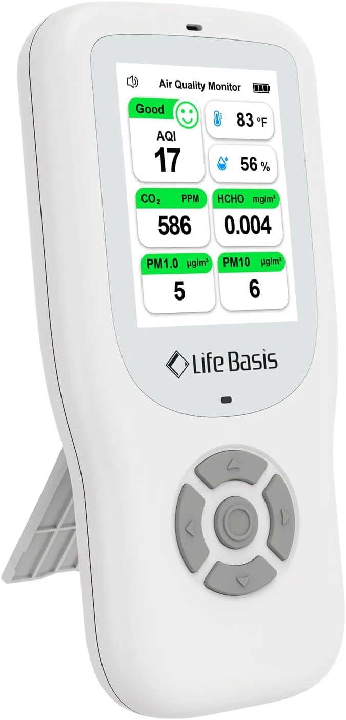 دستگاه سنجش کیفیت هوای داخلی Life Basis، دستگاه تشخیص کیفیت هوا 10 در 1 به همراه پایه، تست لحظه ای کیفیت هوا AQI، PM1.0، PM2.5، PM10، CO2، TVOC، HCHO، ذرات، دما و رطوبت به همراه هشدار - سفید