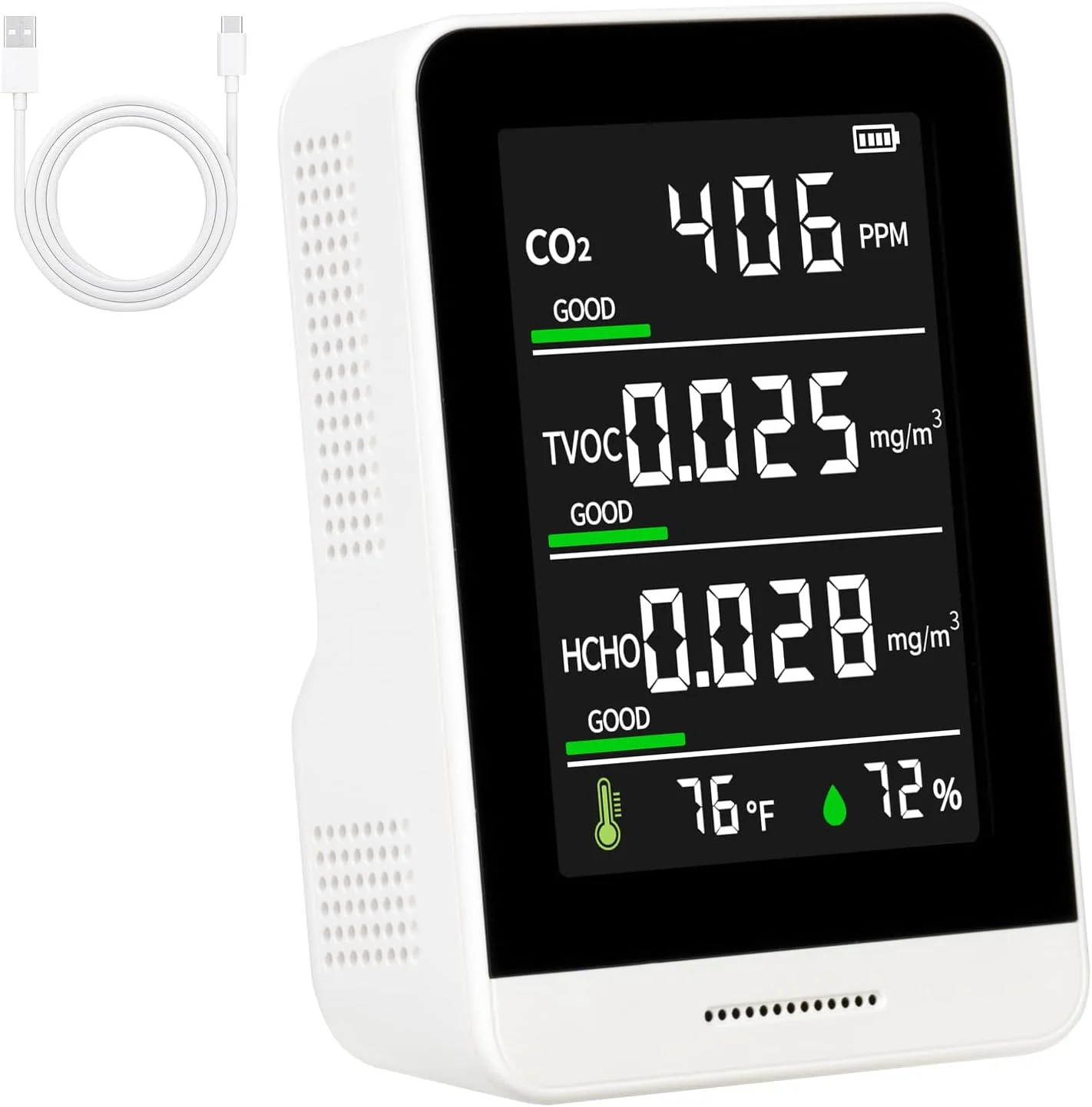 دستگاه سنجش کیفیت هوا 5 در 1 LFURDEM، تستر هوشمند کیفیت هوا برای CO2/TVOC/HCHO/دما/رطوبت، مناسب برای اتاق کودک، اتاق نشیمن، دفتر، آشپزخانه، انبار، محیط داخلی
