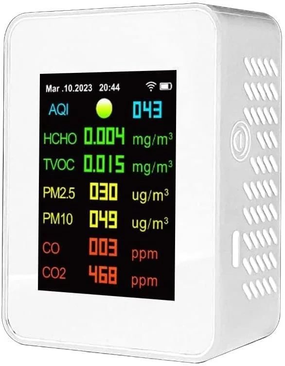 دستگاه سنجش کیفیت هوای قابل حمل وای فای Labymos Tuya مدل 7in1 PM2.5 PM10 مونوکسید کربن دی اکسید کربن TVOC HCHO AQI تستر صفحه نمایش رنگی TFT دی اکسید کربن با عملکرد نمایش زمان و تاریخ