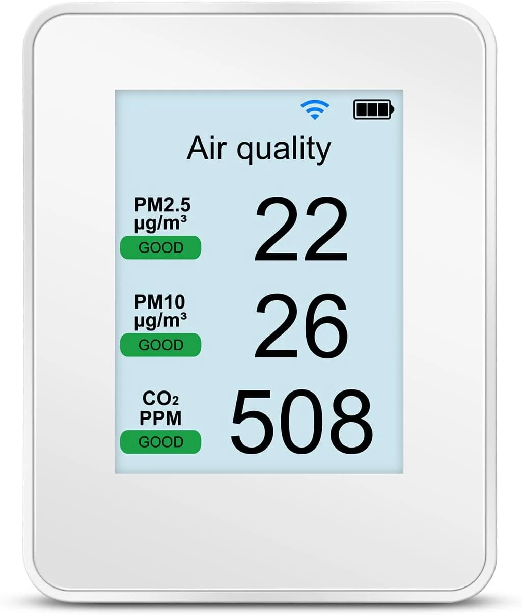 تستر هوشمند کیفیت هوا Labymos با قابلیت اتصال به وای فای، سنجش CO2، PM2.5، PM1.0، PM10، کنترل از راه دور با اپلیکیشن، شمارش ذرات گرد و غبار 0.3um/ 0.5μm/ 1.0μm/ 2.5μm/ 5.0μm/ 10um، صفحه نمایش TFT و باتری 2600mAh برای سنجش CO2 در اتاق