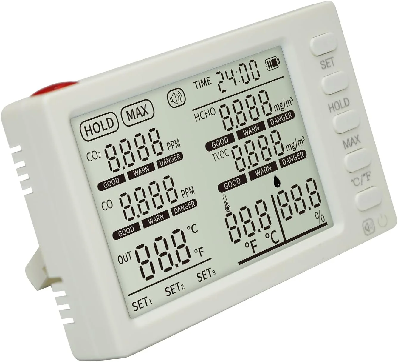 دستگاه سنجش کیفیت هوای 8 در 1 قابل حمل Labymos برای CO₂، HCHO، TVOC، CO، دما، رطوبت، دمای خارجی، زمان، تست کیفیت هوا برای دفتر، مدرسه، ماشین