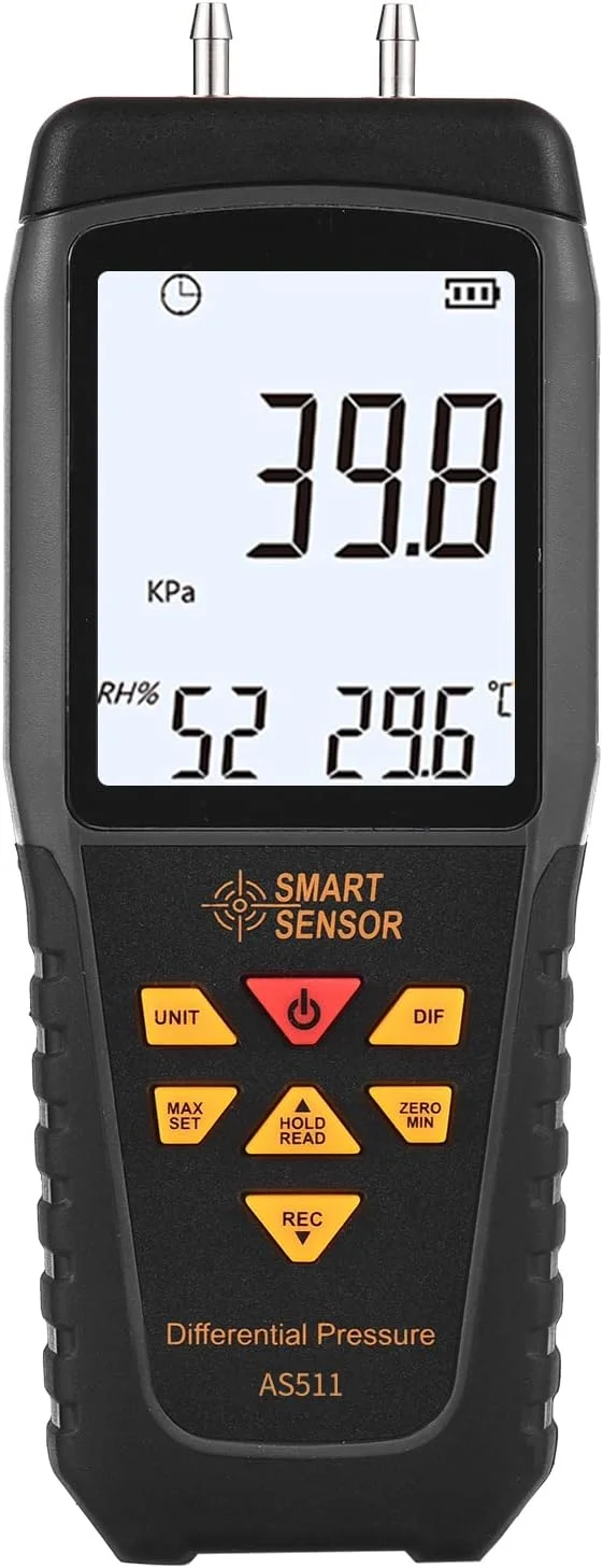 فشارسنج دیفرانسیل دیجیتال Labymos AS511 -39.98~39.98KPA مانومتر دو پورت تست کننده فشار گاز هوا با نور پس زمینه LCD پشتیبانی از اندازه گیری دما و رطوبت 12 واحد داده