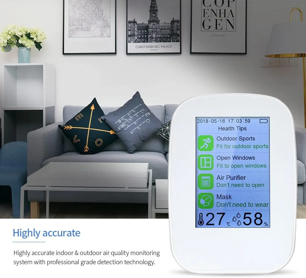 دستگاه تست کیفیت هوا قابل حمل Labymos، دیجیتال، مناسب فضای داخلی/خارجی، PM2.5، گاز فرمالدئید، LCD، ابزار سنجش HCHO و TVOC به همراه باتری