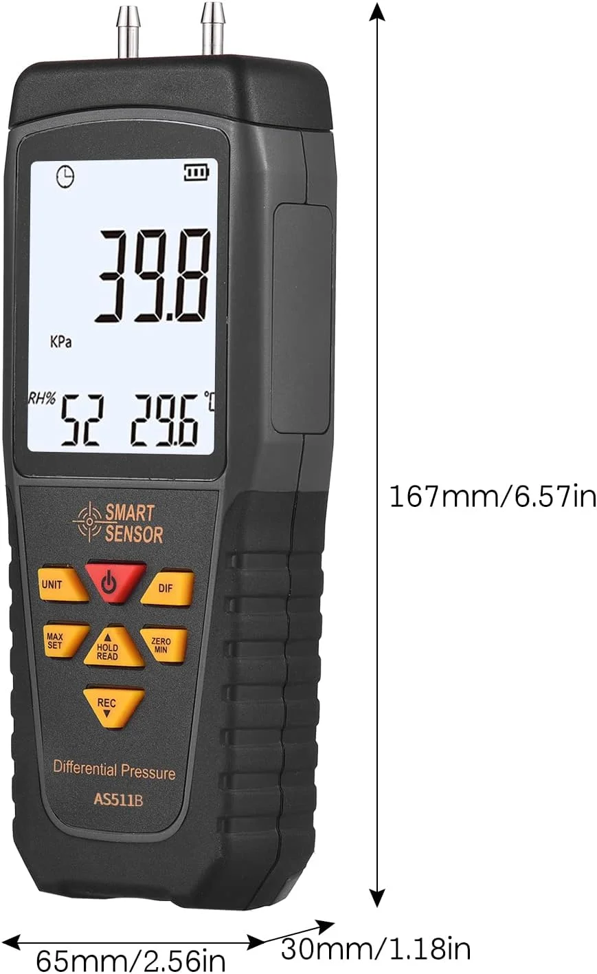 فشارسنج دیفرانسیل دیجیتال Labymos AS511 -39.98~39.98KPA مانومتر دو پورت تست کننده فشار گاز هوا با نور پس زمینه LCD پشتیبانی از اندازه گیری دما و رطوبت 12 واحد داده فشارسنج دیفرانسیل دیجیتال Labymos AS511 -39.98~39.98KPA مانومتر دو پورت تست کننده فشار گاز هوا با نور پس زمینه LCD پشتیبانی از اندازه گیری دما و رطوبت 12 واحد داده