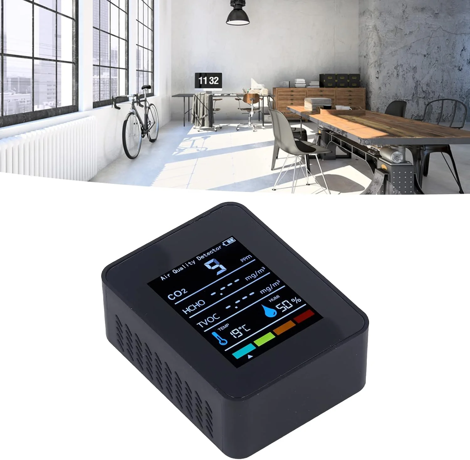 دستگاه سنجش کیفیت هوا KOSDFOGE، ردیاب دی اکسید کربن CO2 مشکی، صفحه نمایش LCD، سنجش TVOC HCHO دما و رطوبت