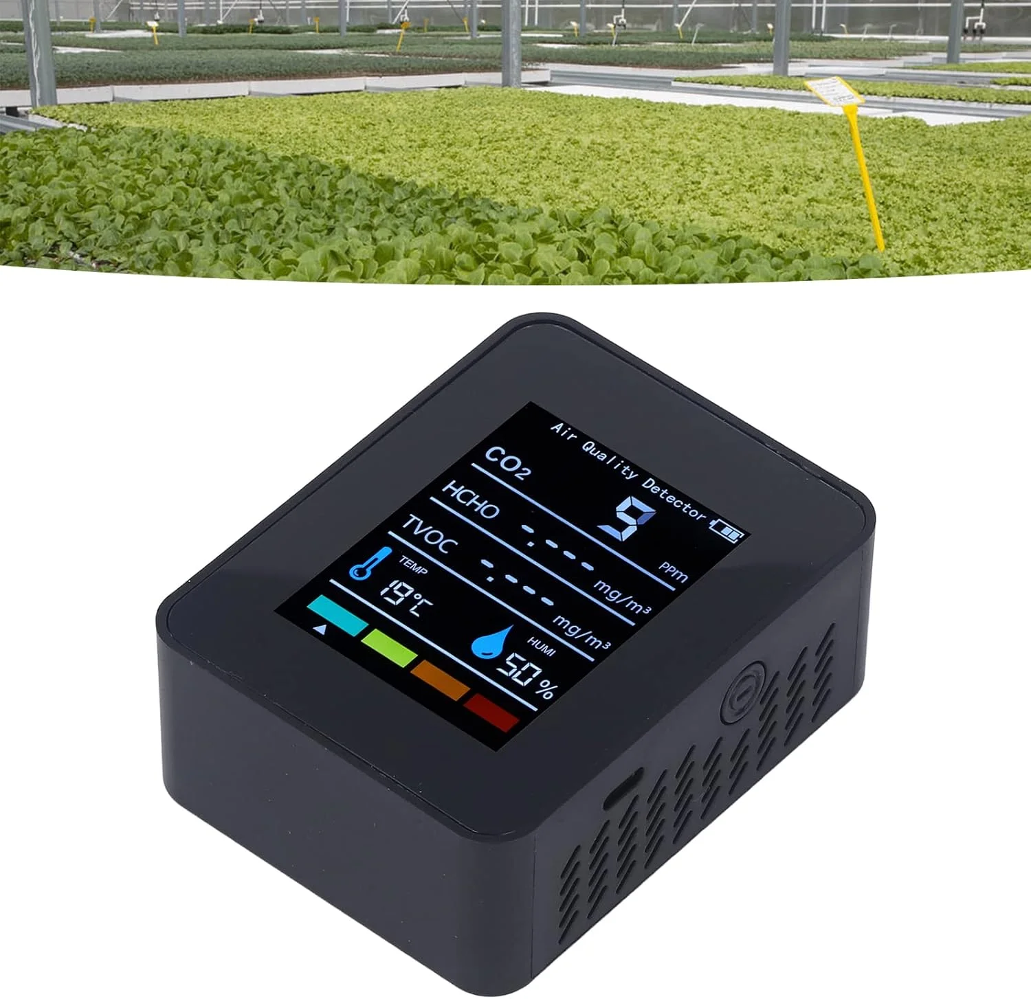 دستگاه سنجش کیفیت هوا KOSDFOGE، ردیاب دی اکسید کربن CO2 مشکی، صفحه نمایش LCD، سنجش TVOC HCHO دما و رطوبت