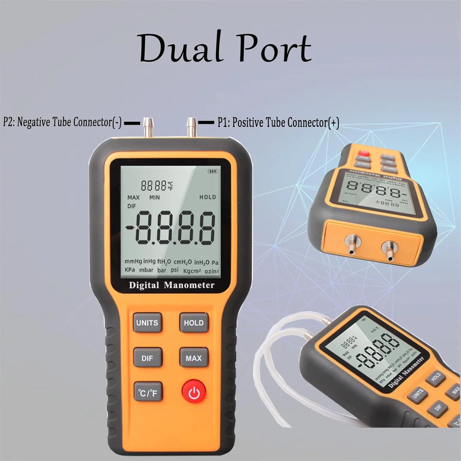 JRangelp مانومتر دیجیتال حرفه ای، فشارسنج هوا، تستر فشار گاز دو پورت، مانومتر HVAC دستی، 12 واحد قابل انتخاب، فشارسنج دیفرانسیل با باتری و نور پس زمینه