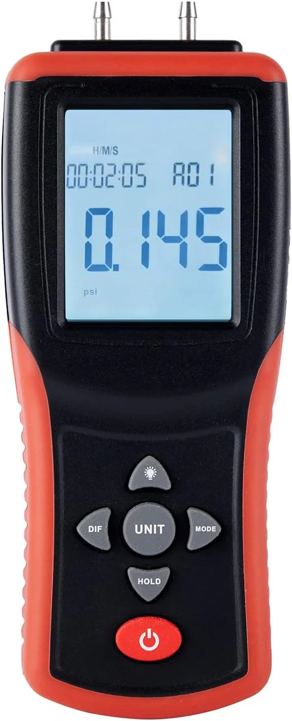 مانومتر دیجیتال Joleritc با LCD 2.4 اینچی، مانومتر دو پورت دستی با دقت بالا ±2Psi، تستر گیج فشار هوای دیفرانسیل با 12 واحد