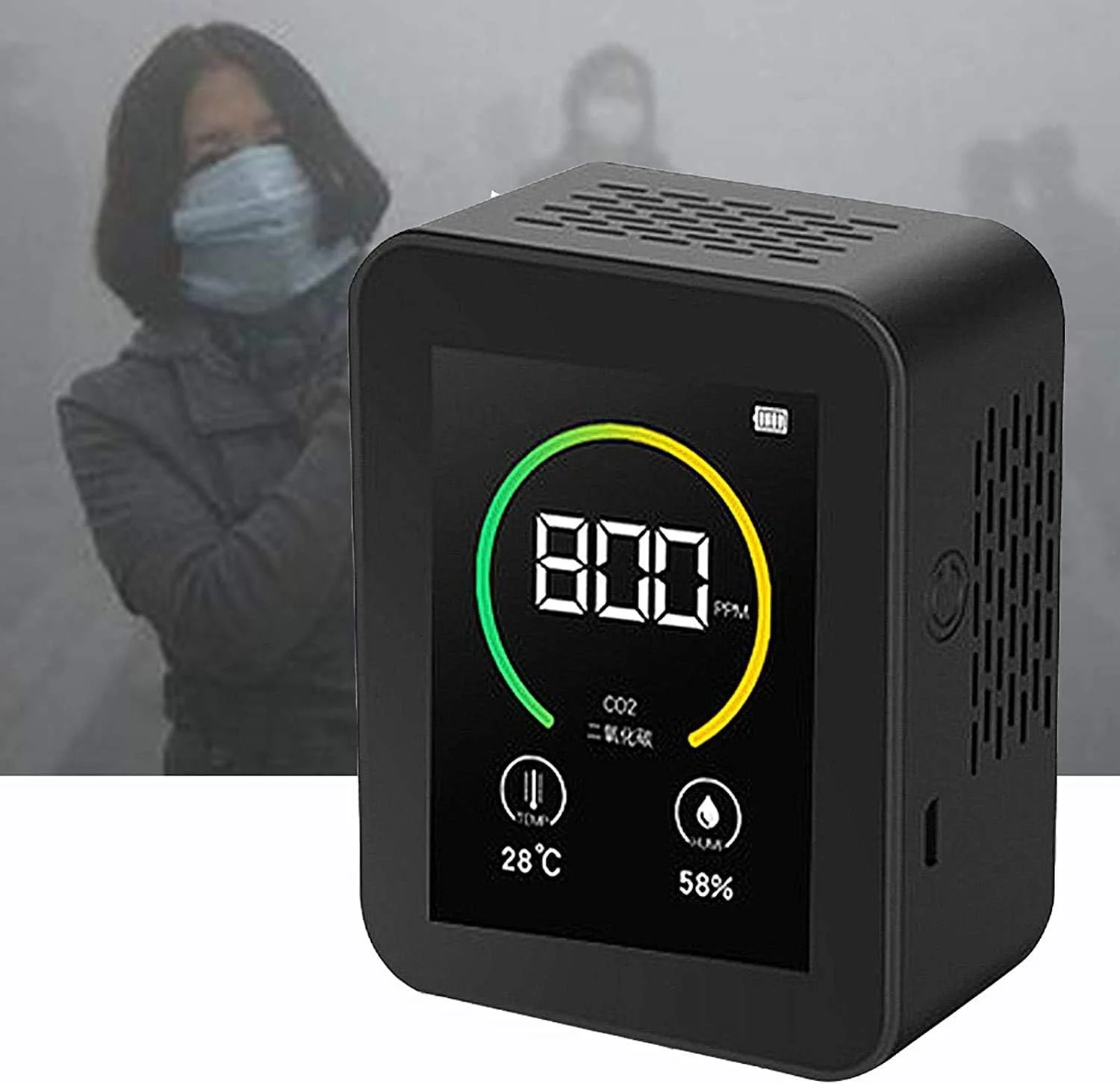 تستر کیفیت هوا JJJ، تستر CO2، آشکارساز آلودگی گاز، نمایشگر دما و رطوبت، صفحه نمایش LCD رنگی، قابل شارژ USB (رنگ: مشکی)