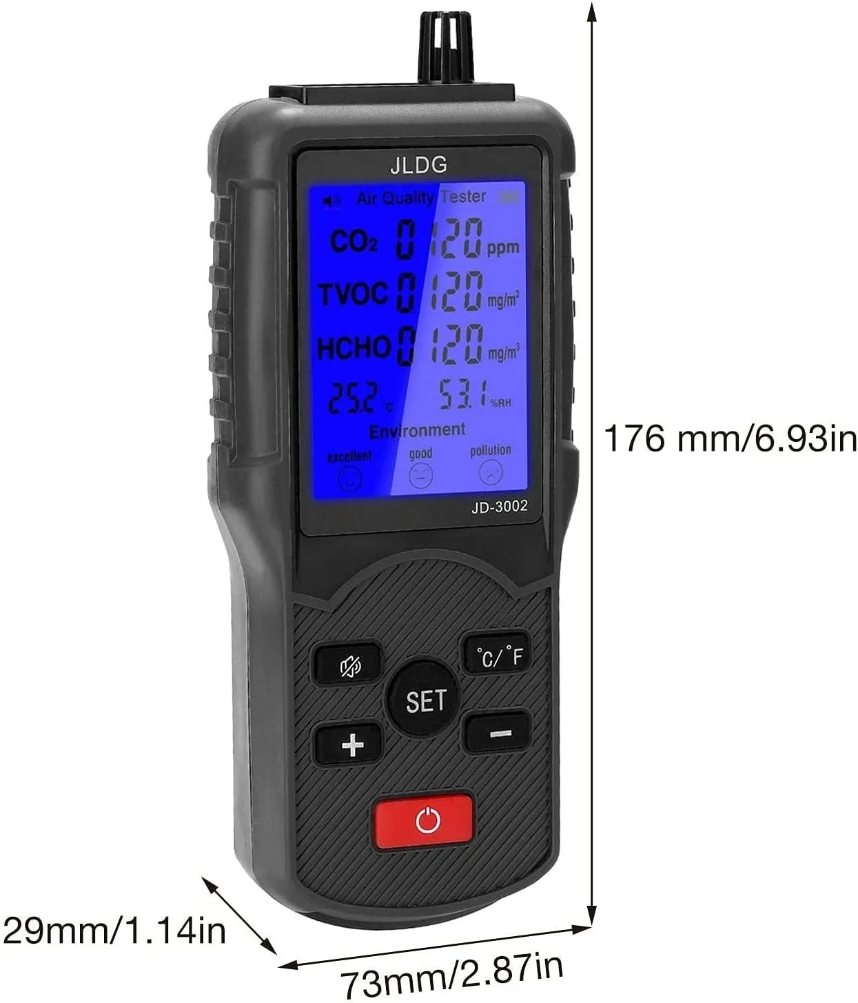 مانیتور کیفیت هوا JJJ، آشکارساز فرمالدئید، تستر CO2، دماسنج رطوبت، تست ترکیبات آلی فرار TVOC داخلی