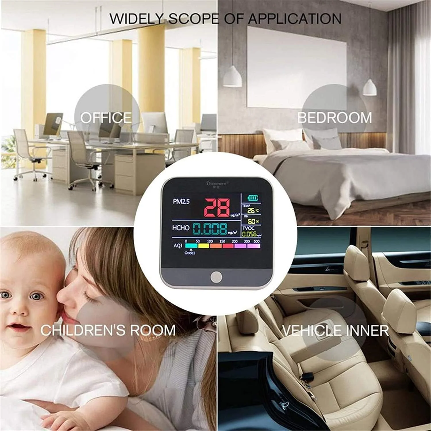 آنالایزر گاز داخلی JJJ، آشکارساز تست فرمالدئید (HCHO) TVOC PM2.5، مانیتور کیفیت آلودگی هوا، دماسنج/رطوبت سنج