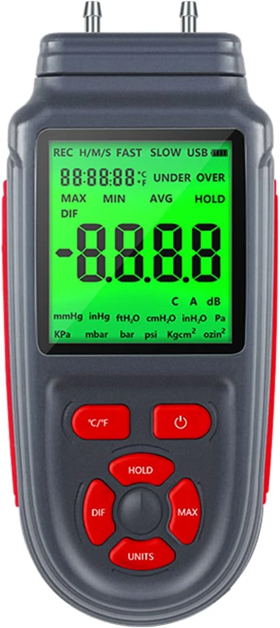 فشارسنج دیجیتال JIANGMEI دو پورت، تستر فشار گاز هوا، گیج فشار دیفرانسیل با صفحه نمایش LCD دارای نور پس زمینه، تغذیه با باتری یا کابل USB، پشتیبانی از اندازه گیری دما ℃/ ℉