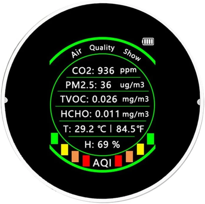 دستگاه سنجش کیفیت هوا چند منظوره 7 در 1 Irovami مدل PM2.5 CO2 TVOC HCHO AQI، تستر دما و رطوبت، نمایشگر رنگی قابل حمل، دی اکسید کربن با عملکرد آلارم