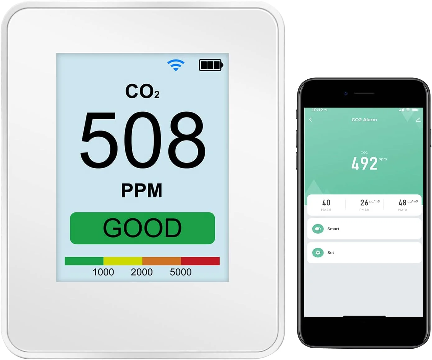 مانیتور هوشمند کیفیت هوا Irovami Wifi CO2 PM2.5 PM1.0 PM10، تستر، نظارت از راه دور با برنامه، شمارنده ذرات گرد و غبار 0.3um/ 0.5μm/ 1.0μm/ 2.5μm/ 5.0μm/ 10um، صفحه نمایش TFT، CO2 قابل شارژ 2600mAh برای اتاق