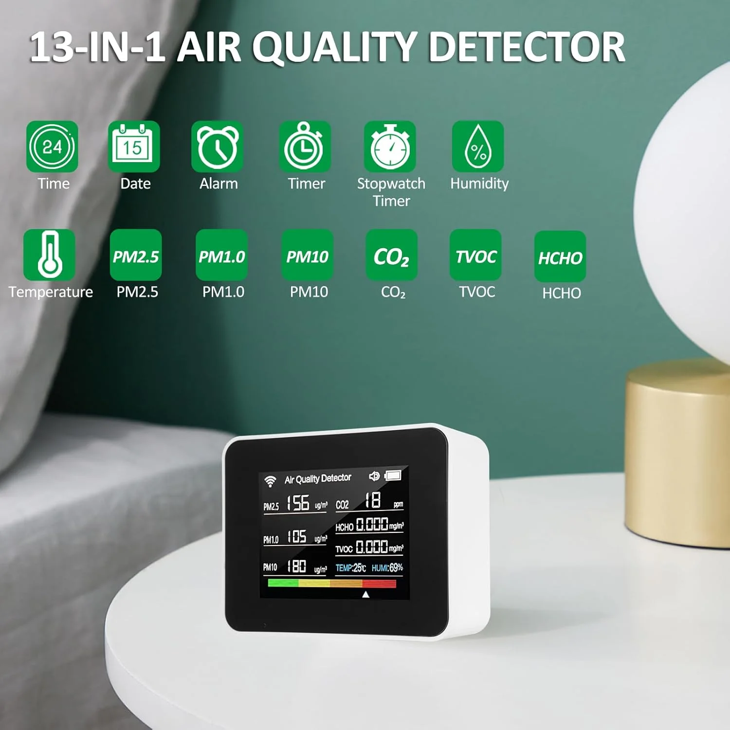 دستگاه سنجش کیفیت هوای هوشمند Irovami Tuya WiFi 13 در 1، تشخیص CO₂، TVOC، HCHO، PM2.5، PM1.0، PM10، رطوبت و دما، نمایش زمان، تاریخ، آلارم، تایمر و کرنومتر با آلارم برای خانه و دفاتر دستگاه سنجش کیفیت هوای هوشمند Irovami Tuya WiFi 13 در 1، تشخیص CO₂، TVOC، HCHO، PM2.5، PM1.0، PM10، رطوبت و دما، نمایش زمان، تاریخ، آلارم، تایمر و کرنومتر با آلارم برای خانه و دفاتر