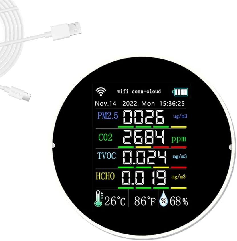 دستگاه سنجش کیفیت هوای قابل حمل وای فای Irovami Tuya مدل 7in1 PM2.5 CO2 TVOC HCHO AQI، تست کننده دما و رطوبت با صفحه نمایش رنگی، پشتیبانی از کنترل برنامه تلفن همراه با عملکرد تقویم