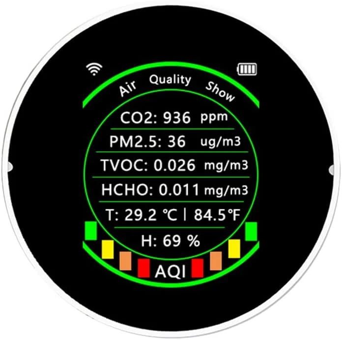 دستگاه سنجش کیفیت هوا چند منظوره 7 در 1 وای فای Irovami Tuya مدل PM2.5 CO2 TVOC HCHO AQI، تستر دما و رطوبت، نمایشگر رنگی قابل حمل، دی اکسید کربن با عملکرد آستانه هشدار
