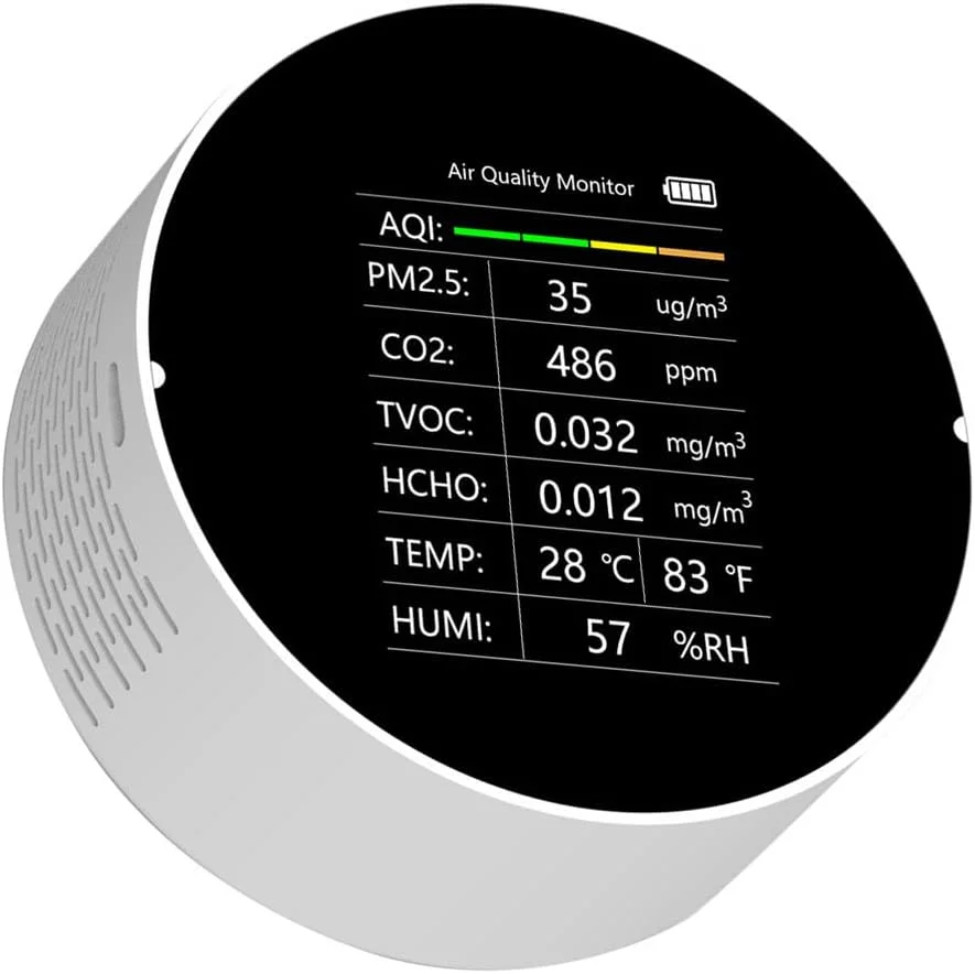 دستگاه سنجش کیفیت هوا چند منظوره ایرومی 7 در 1 PM2.5 TVOC CO2 HCHO دما رطوبت AQI مناسب منزل، میز کار، اداره، خودرو و فضای داخلی