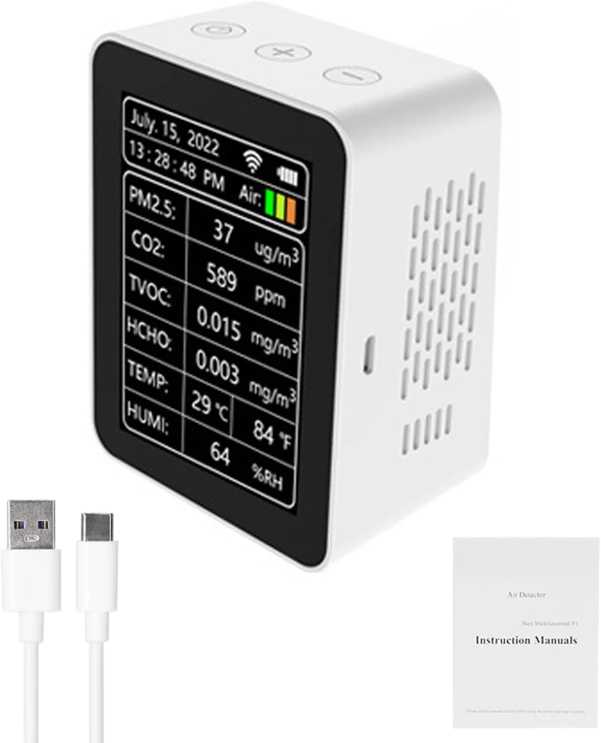 آشکارساز هوشمند کیفیت هوا Tuya WiFi، سنجش PM2.5 CO2 TVOC HCHO دما رطوبت AQI، نمایشگر 7 در 1، نمایش زمان تاریخ هفته، مشاهده از راه دور با اپلیکیشن موبایل، کیفیت هوای رومیزی داخلی منزل