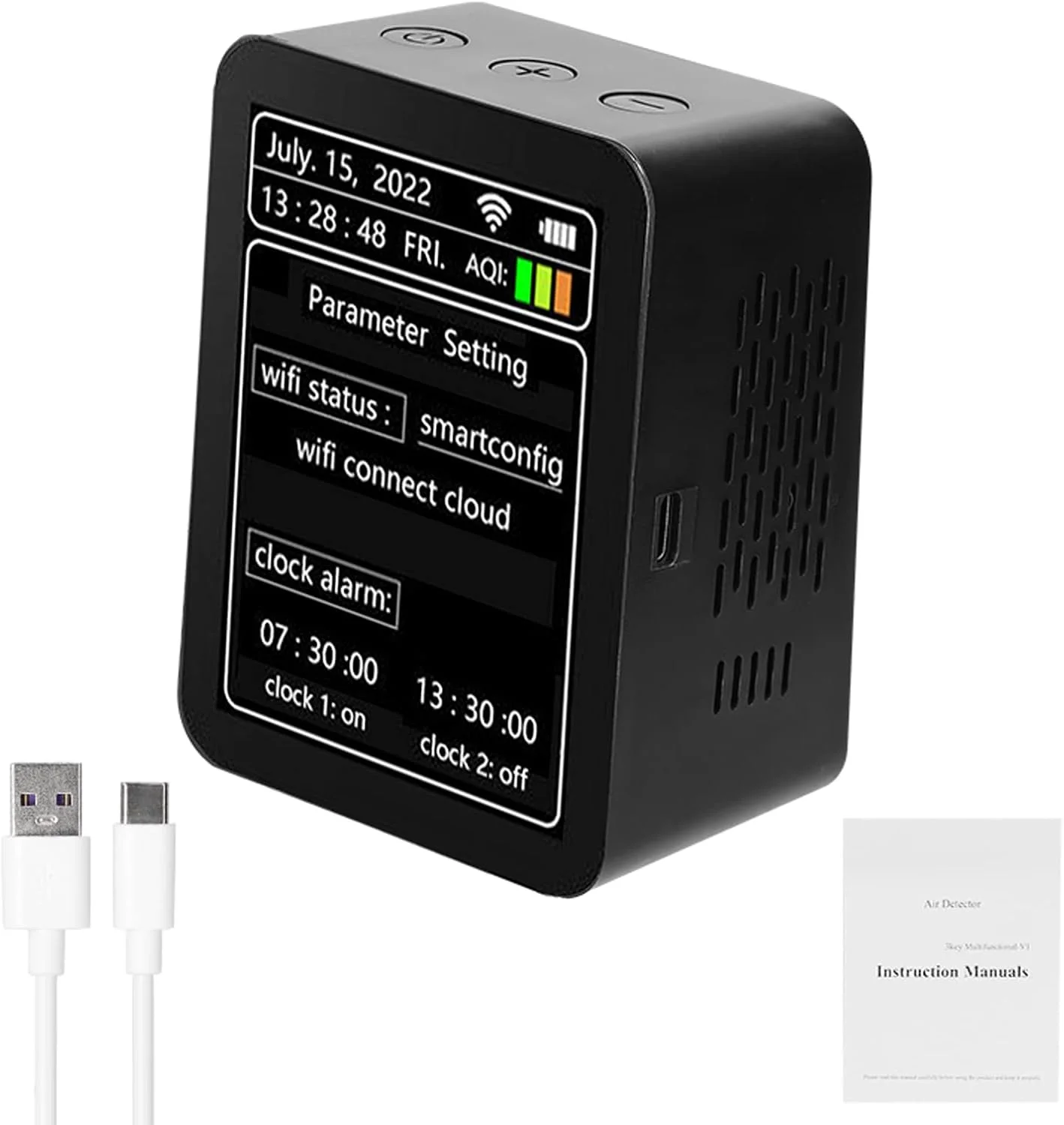 دتکتور هوشمند کیفیت هوا تویا WiFi، سنجش PM2.5، CO2، TVOC، HCHO، دما، رطوبت و AQI، نمایشگر 7 در 1 با نمایش زمان، تاریخ، روز هفته، قابلیت مشاهده از راه دور با اپلیکیشن موبایل، مناسب برای منزل، داخل ساختمان و استفاده رومیزی