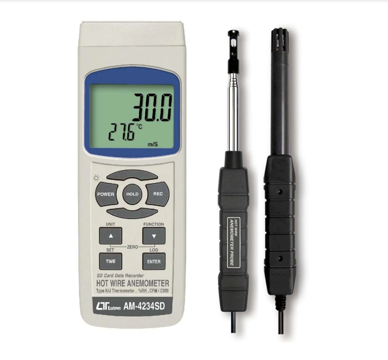 بادسنج سیم داغ i-POOK مدل AM-4234SD برای اندازه گیری سرعت هوا، جریان هوا، رطوبت، نقطه شبنم و دما مجهز به RS232/USB با قابلیت ثبت داده ها به صورت لحظه ای ساخت تایوان