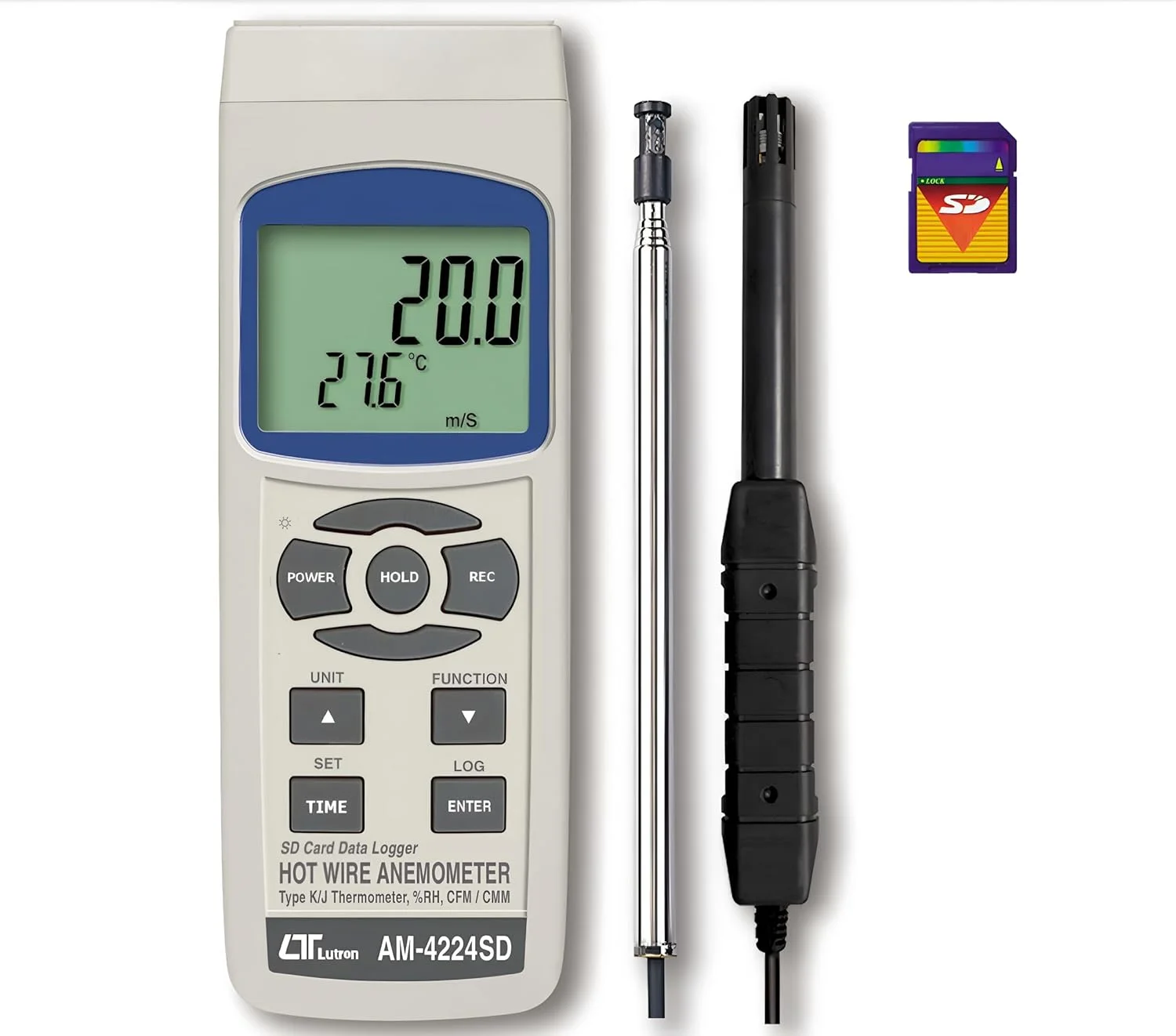 بادسنج سیم داغ i-POOK مدل AM-4224SD برای اندازه گیری سرعت هوا، جریان هوا، رطوبت، نقطه شبنم و دما مجهز به RS232/USB با قابلیت ثبت اطلاعات بلادرنگ ساخت تایوان