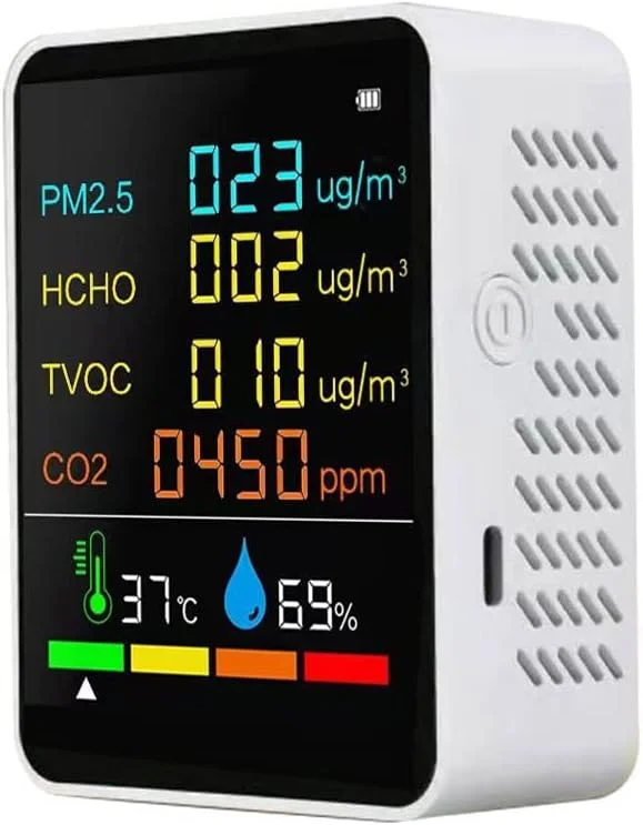 تستر چند منظوره دی اکسید کربن خانگی درجه A با نمایشگر مقدار دی اکسید کربن، PM2.5، TVOC، HCHO، میزان برق، دما، رطوبت، صفحه نمایش LCD با نور پس زمینه و قابلیت خود کالیبراسیون از DOOMUN