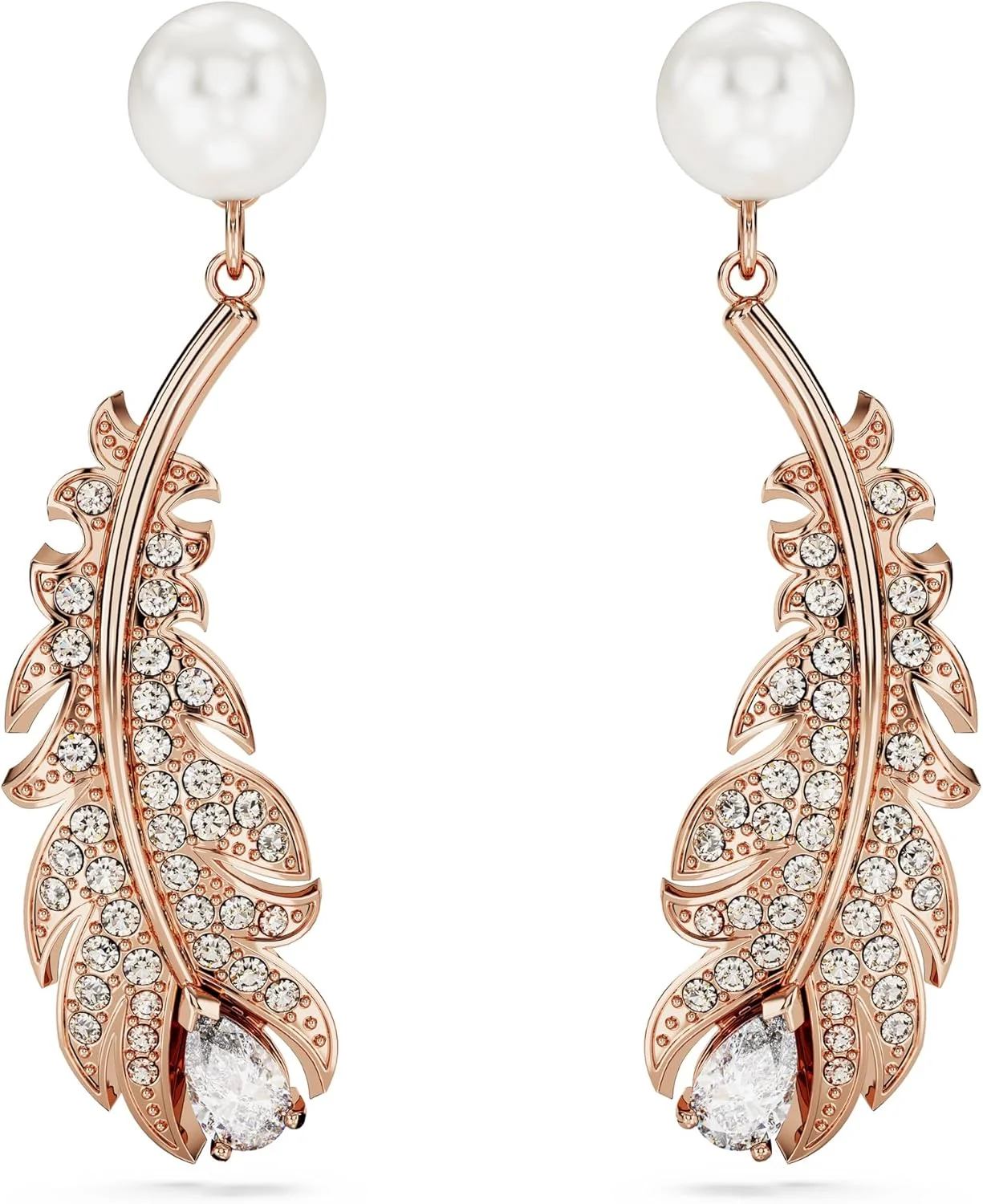 گوشواره های پر سواروسکی مدل Nice، کریستال های صورتی و مروارید در یک قاب با روکش طلای رز، از مجموعه Nice