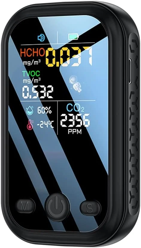 دستگاه تشخیص کیفیت هوا خانگی با صفحه نمایش رنگی 1.9 اینچی با رزولوشن 240 * 280، دارای حسگرهای نیمه هادی با حساسیت بالا 5 در 1 برای سنجش HCHO، TVOC، CO2، دما و رطوبت، رابط Type-C