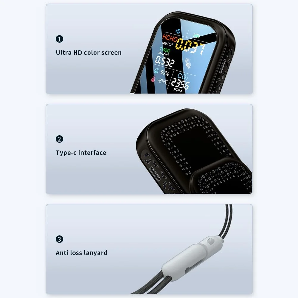 دستگاه تشخیص کیفیت هوا خانگی با صفحه نمایش رنگی 1.9 اینچی با رزولوشن 240 * 280، دارای حسگرهای نیمه هادی با حساسیت بالا 5 در 1 برای سنجش HCHO، TVOC، CO2، دما و رطوبت، رابط Type-C