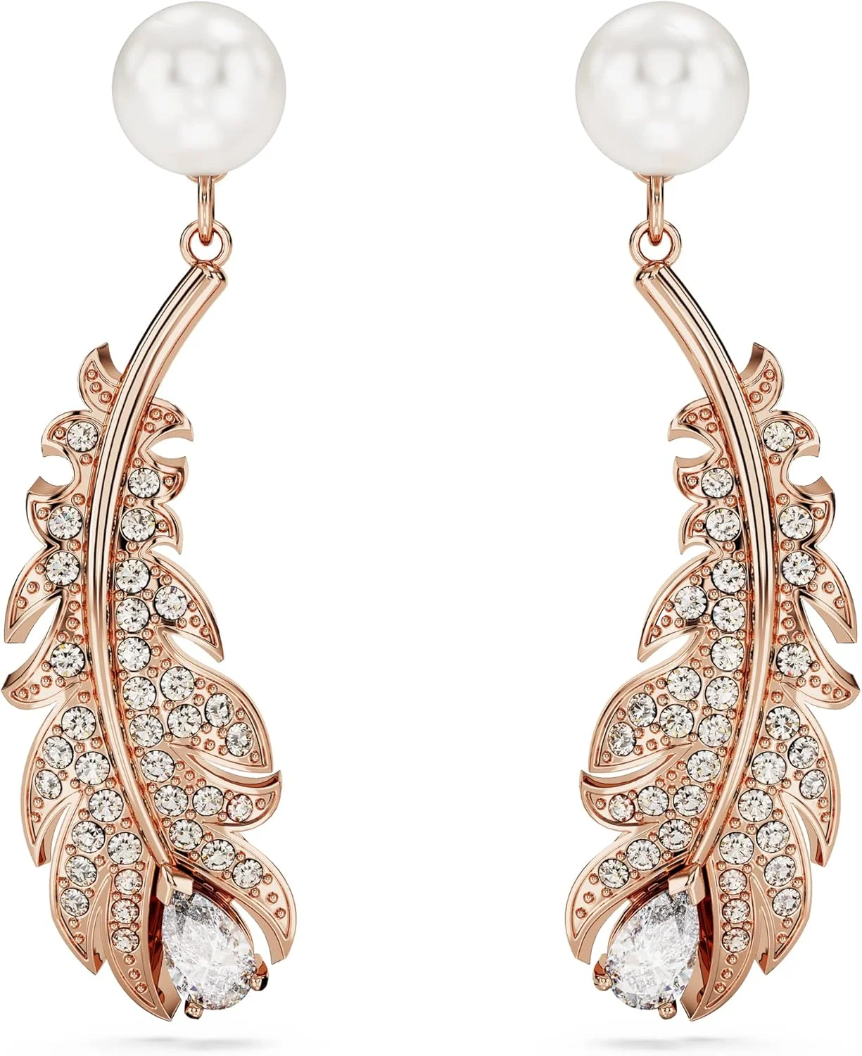 گوشواره آویز سواروسکی مدل Nice، برش های ترکیبی، پر، سفید، روکش طلایی رزگلد، تک سایز، برنج کریستال زیرکونیا مکعبی، زیرکونیا مکعبی