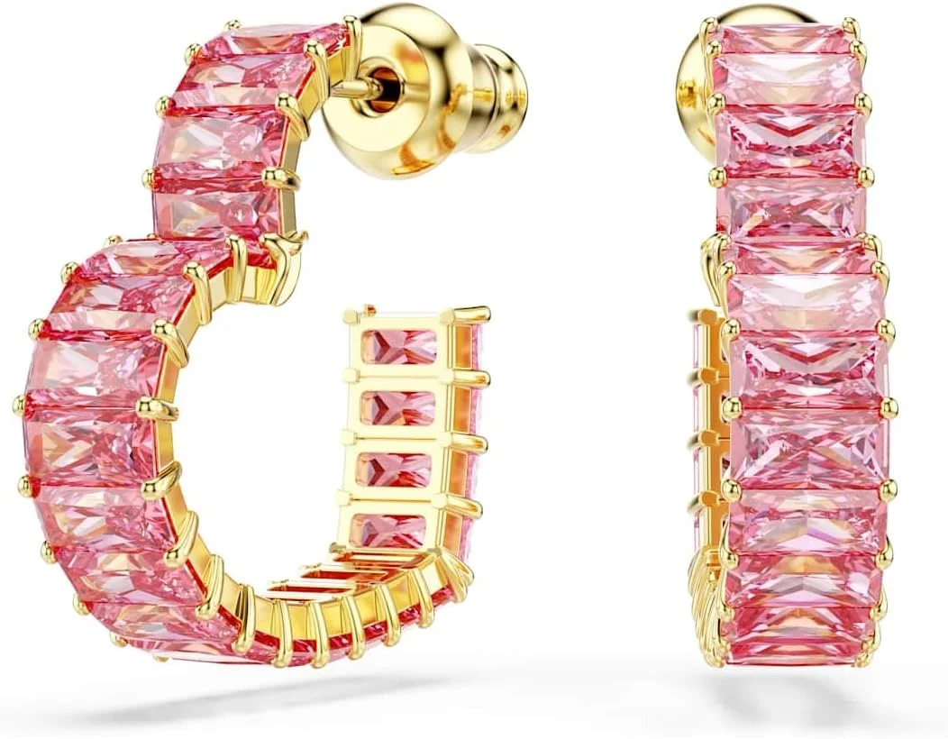 گوشواره حلقه ای سواروسکی مدل Matrix، برش باگت، قلب، کوچک، صورتی، روکش طلایی