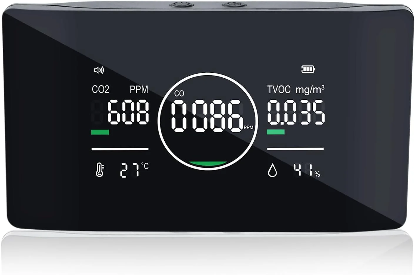 دستگاه سنجش کیفیت هوای داخل خانه 5 در 1 با حسگرهای دقیق برای CO، CO2، TVOC، رطوبت و دما، ردیاب دی اکسید کربن با هشدارهای صوتی، نمایشگر LED و حالت صرفه جویی در انرژی برای خانه و دفتر