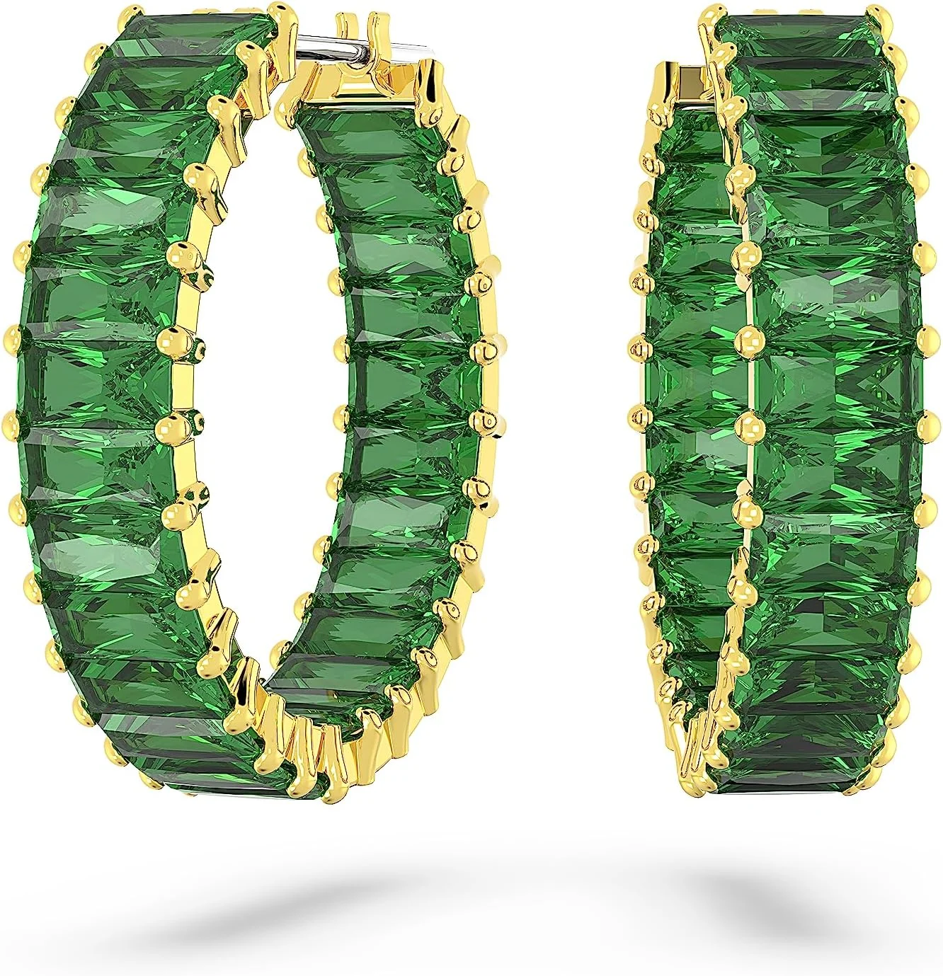 گوشواره های حلقه ای سواروسکی ماتریکس، برش باگت، سبز، با روکش طلایی