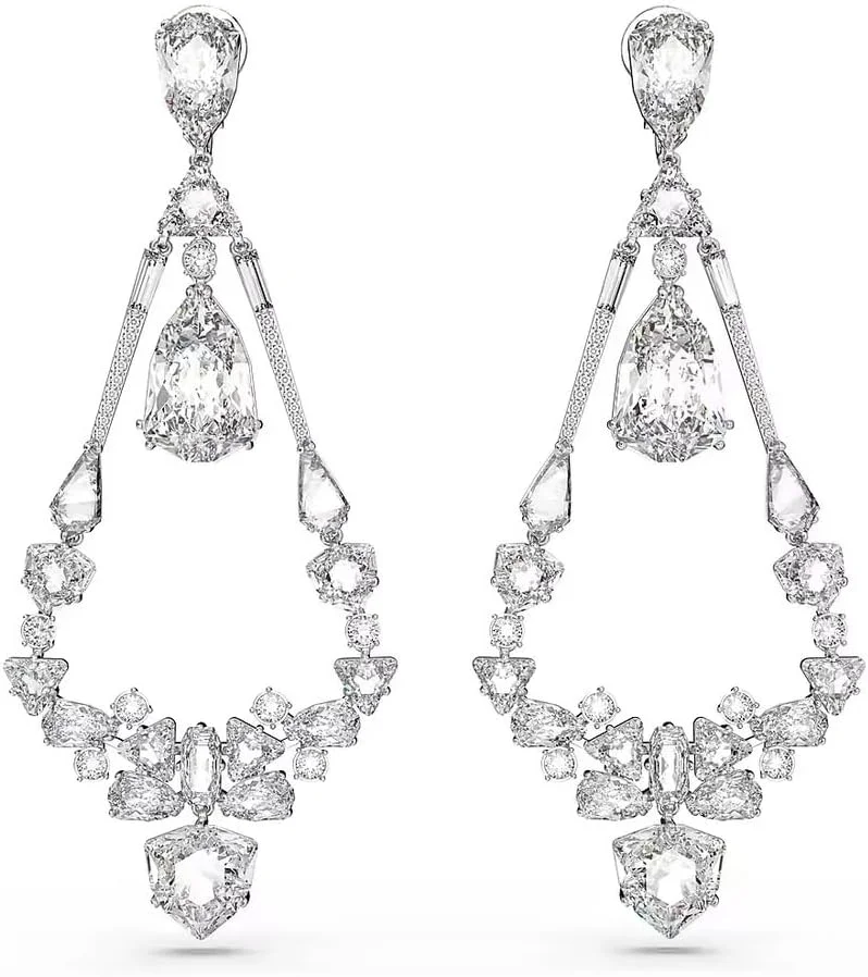 گوشواره های آویز گیره ای سواروسکی Mesmera، برش های ترکیبی، لوستری، بلند، سفید، روکش رودیوم