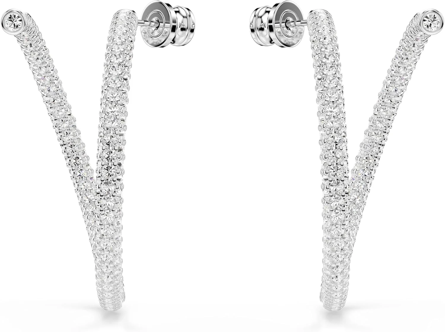 گوشواره حلقه ای دکسترا سواروسکی، کریستال های گرد برش خورده سفید در پایه روکش رودیوم گوشواره حلقه ای دکسترا سواروسکی، کریستال های گرد برش خورده سفید در پایه روکش رودیوم