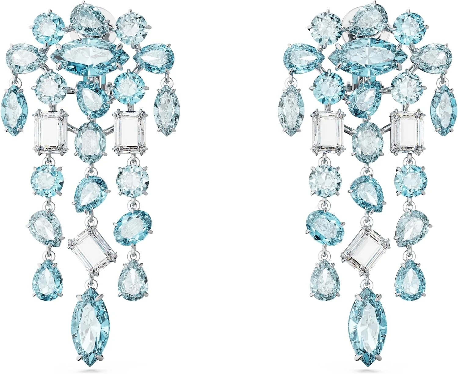 گوشواره های گیره ای زنانه سواروسکی مدل Gema، برش های ترکیبی، لوستری، فوق العاده بلند، آبی، روکش رودیوم