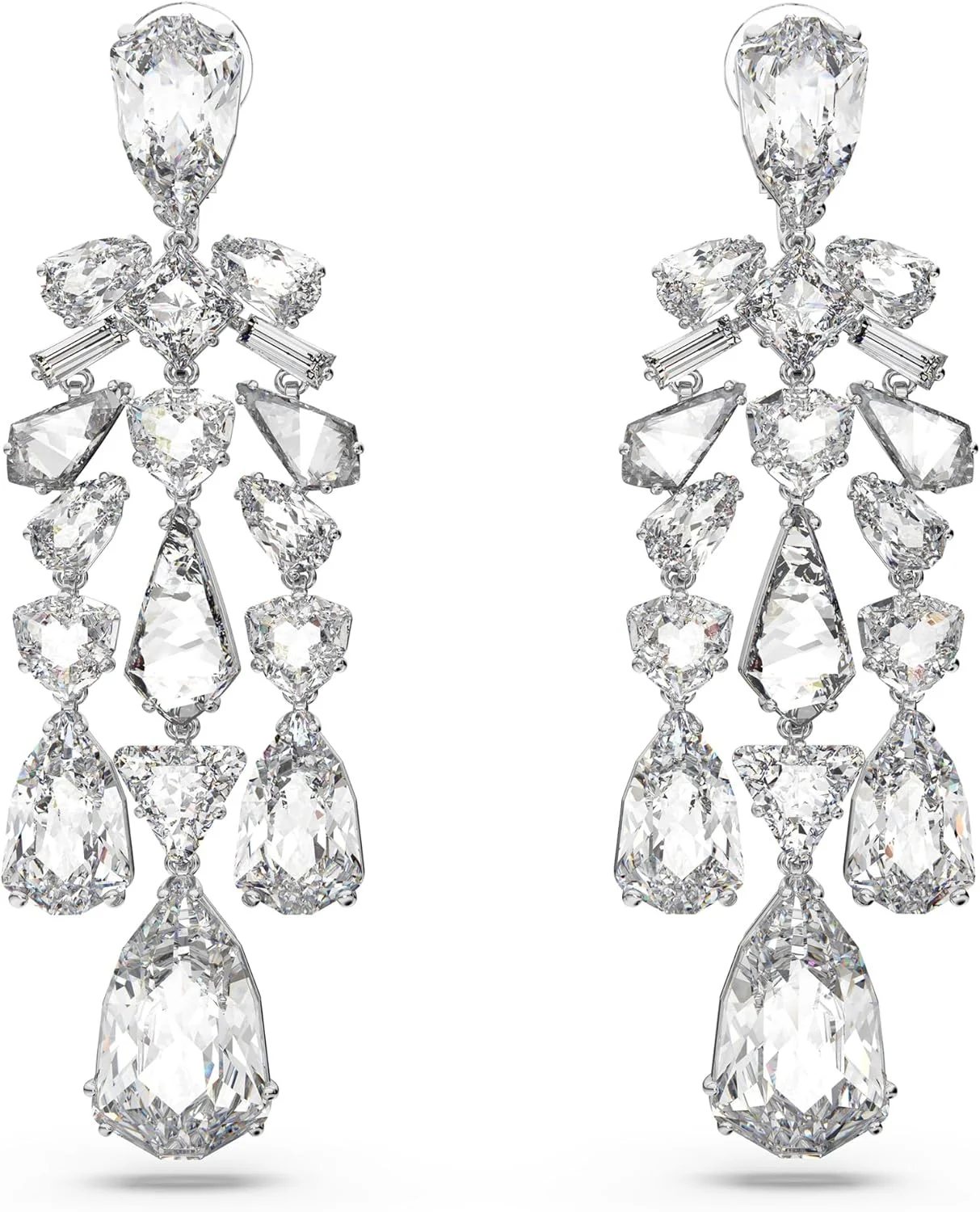 گوشواره های آویز گیره ای مزمرای سواروسکی با برش های ترکیبی، روکش رودیوم، سفید