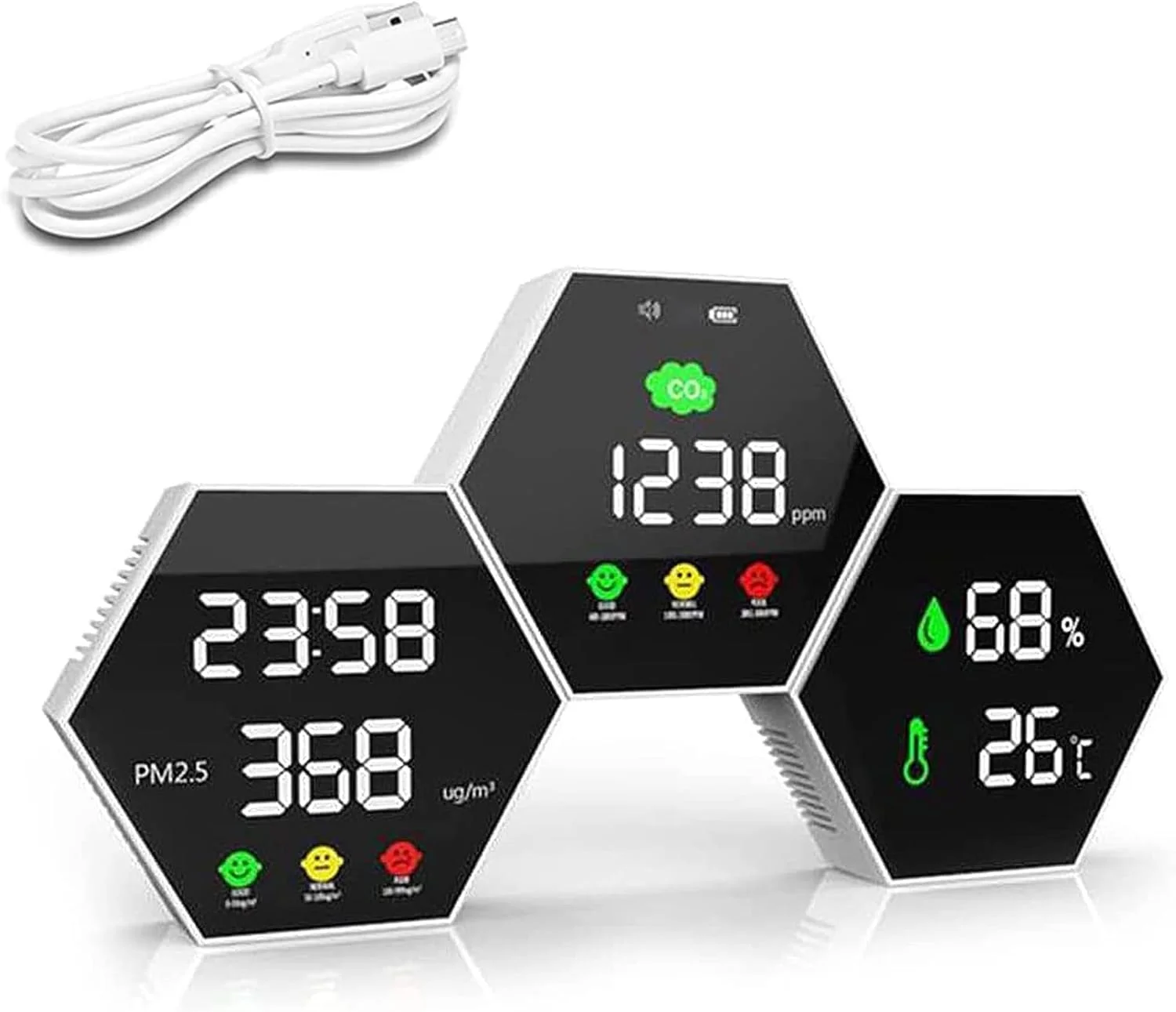 سنسور هوای شش ضلعی HANZALA، ردیاب دی اکسید کربن، صفحه نمایش کیفیت هوا با آلارم، تستر PM2.5، دماسنج/رطوبت سنج/نمایشگر زمان، برای اتاق ها، دفاتر