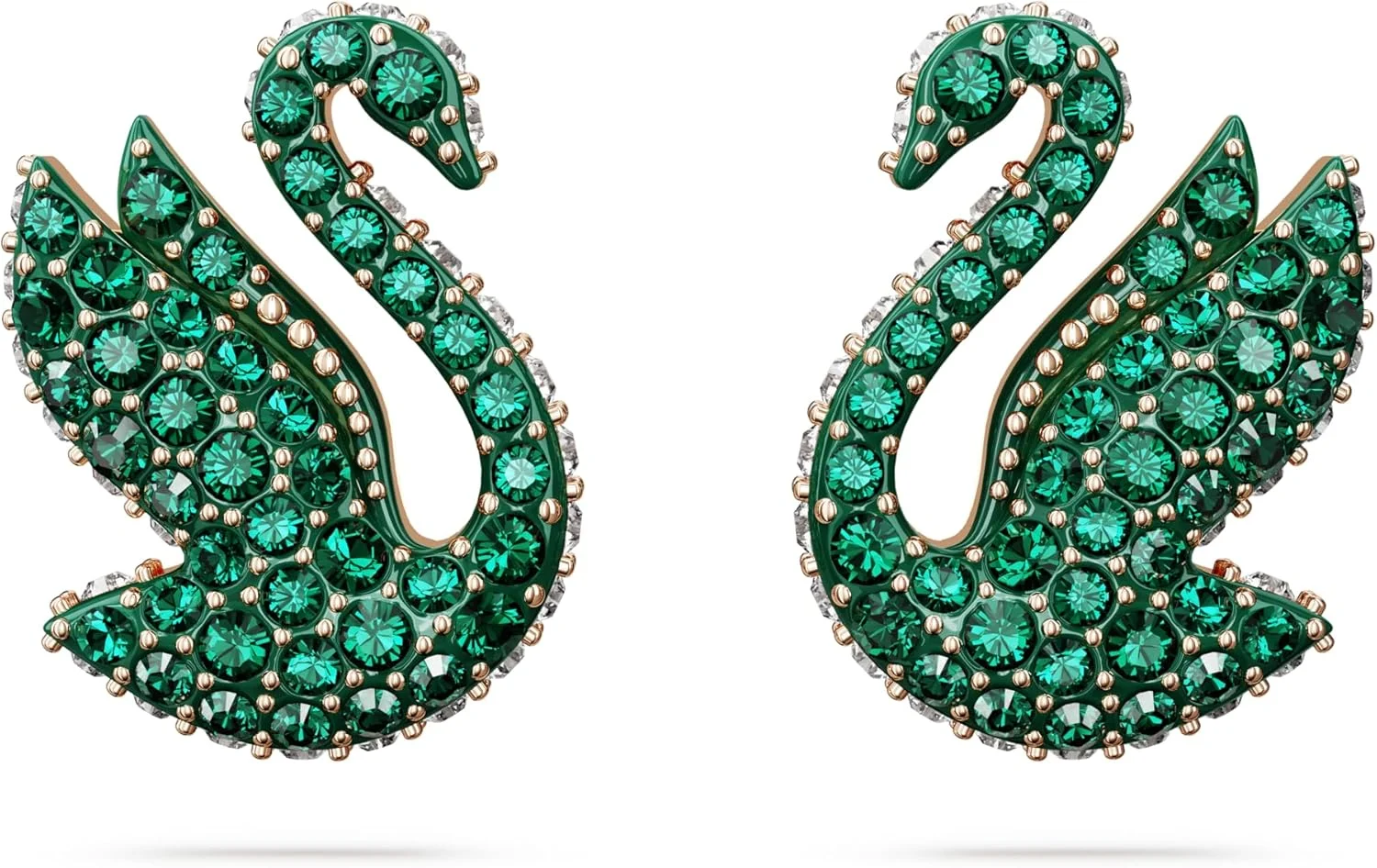 گوشواره های میخی قو ایکونیک سواروسکی، قو، سبز، با روکش طلایی رزگلد