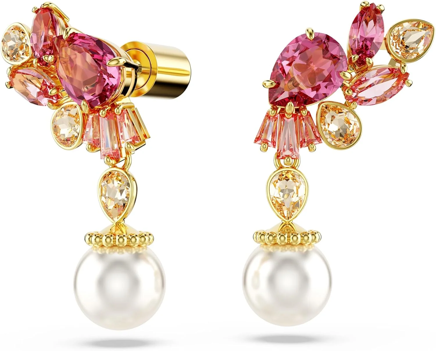 گوشواره آویز گل مروارید کریستالی با روکش طلایی سواروسکی مدل Gema، صورتی گوشواره آویز گل مروارید کریستالی با روکش طلایی سواروسکی مدل Gema، صورتی