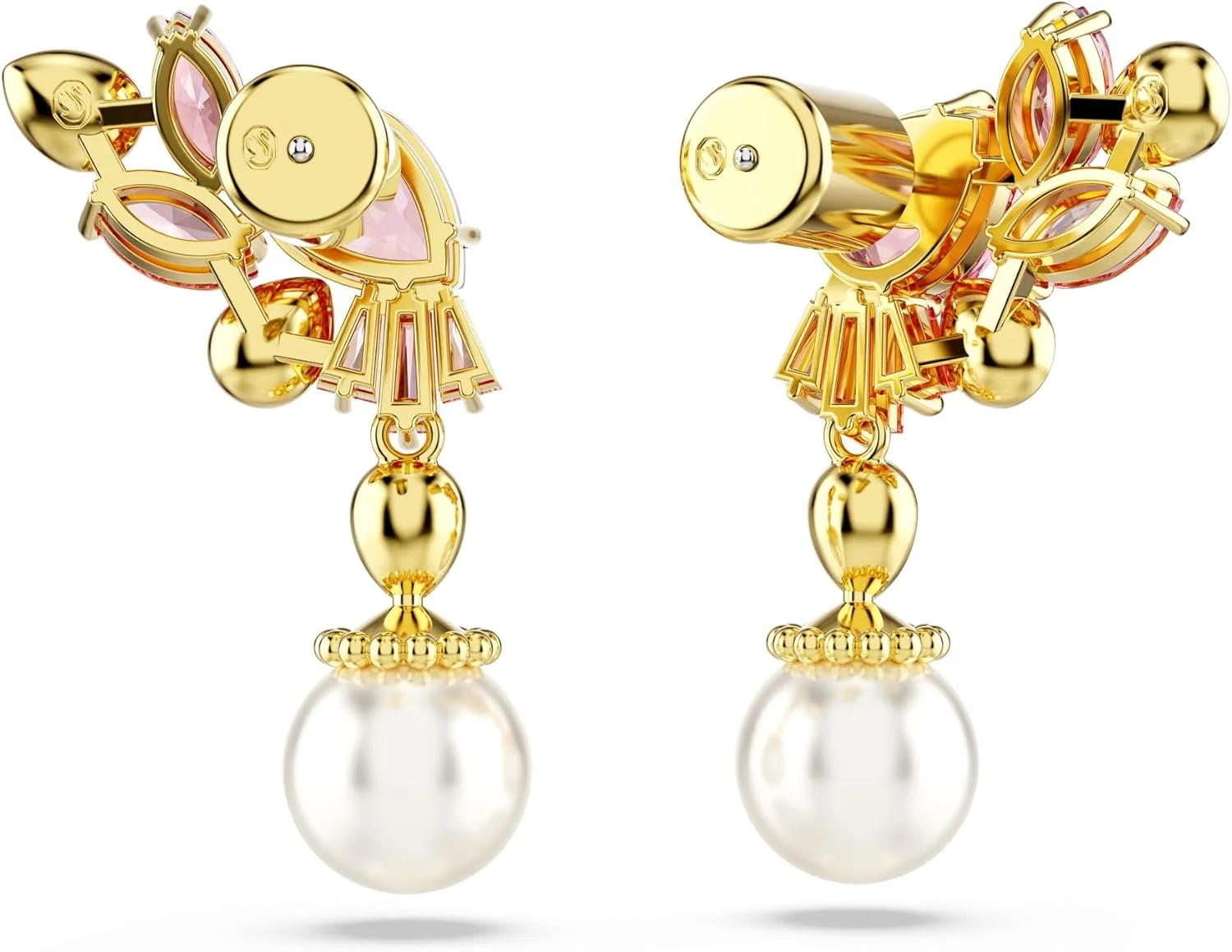 گوشواره آویز گل مروارید کریستالی با روکش طلایی سواروسکی مدل Gema، صورتی گوشواره آویز گل مروارید کریستالی با روکش طلایی سواروسکی مدل Gema، صورتی