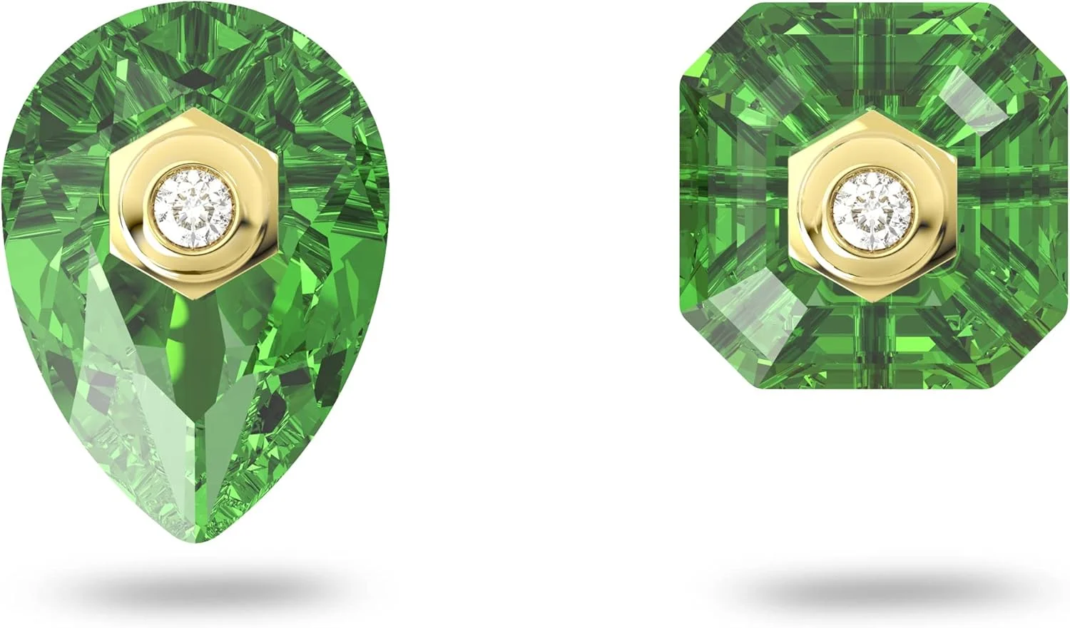 گوشواره های میخی سواروسکی نومینا، طراحی نامتقارن، برش های ترکیبی، سبز، روکش طلایی