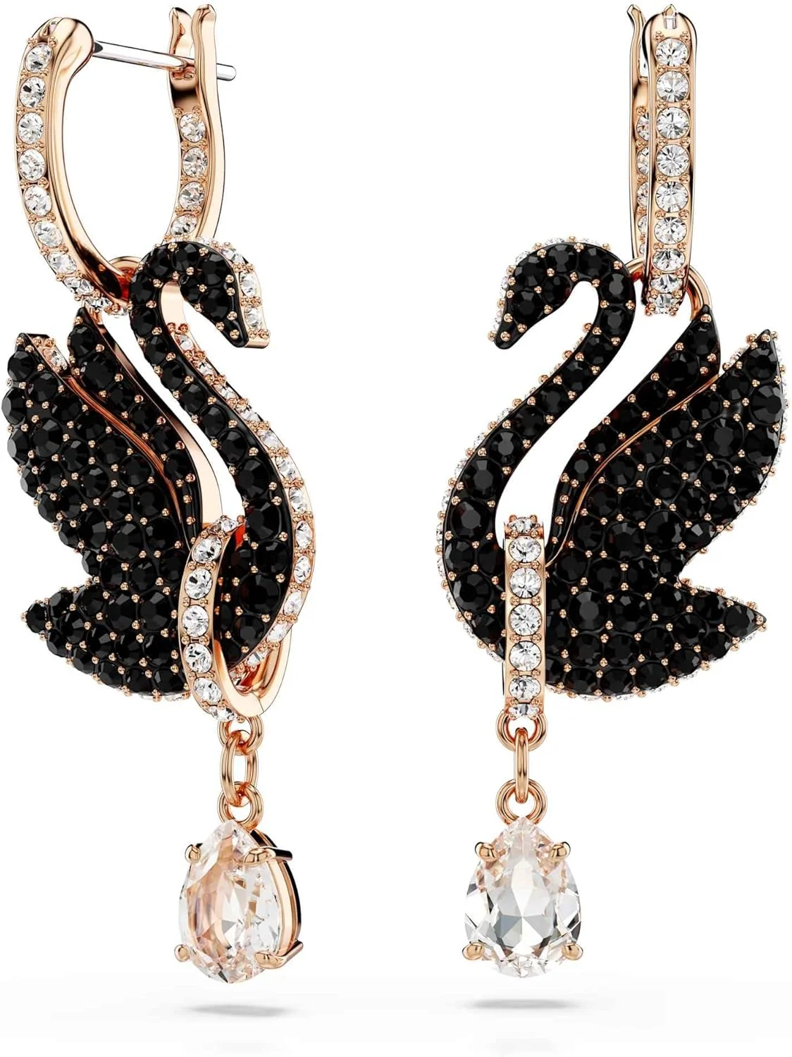 گوشواره آویز سواروسکی طرح قو با روکش طلای رزگلد، مشکی