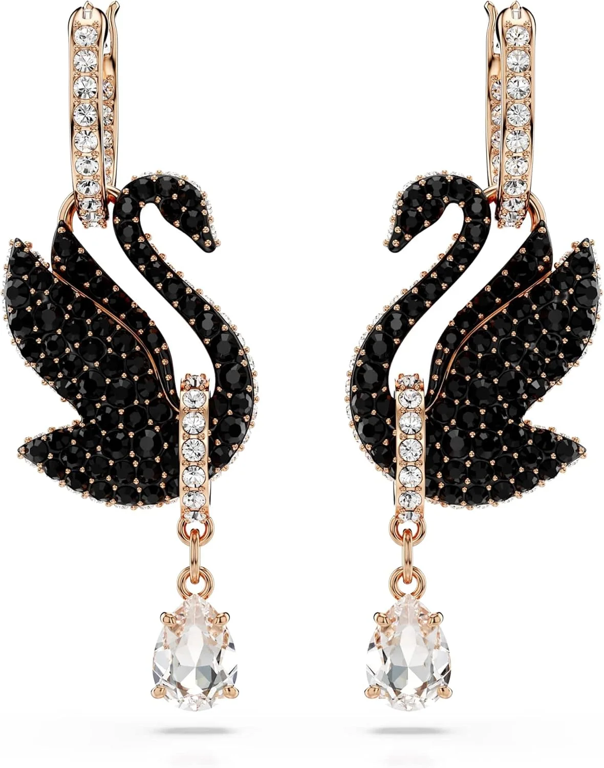 گوشواره آویز سواروسکی طرح قو با روکش طلای رزگلد، مشکی گوشواره آویز سواروسکی طرح قو با روکش طلای رزگلد، مشکی