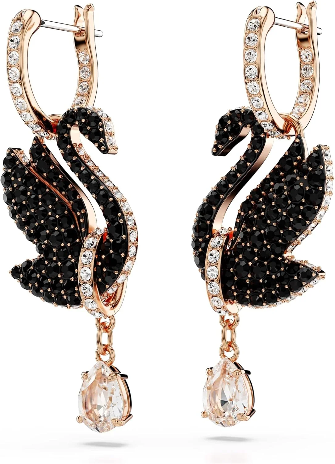 گوشواره آویز سواروسکی طرح قو با روکش طلای رزگلد، مشکی گوشواره آویز سواروسکی طرح قو با روکش طلای رزگلد، مشکی