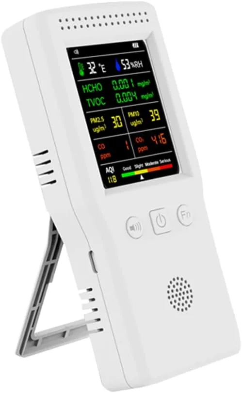 دستگاه تشخیص کیفیت هوای قابل حمل 9 در 1، دما، رطوبت، PM2.5، PM10، HCHO، TVOC، CO، CO2، AQI، دستگاه تشخیص کیفیت هوای چند منظوره، صفحه نمایش رنگی LCD با نور پس زمینه