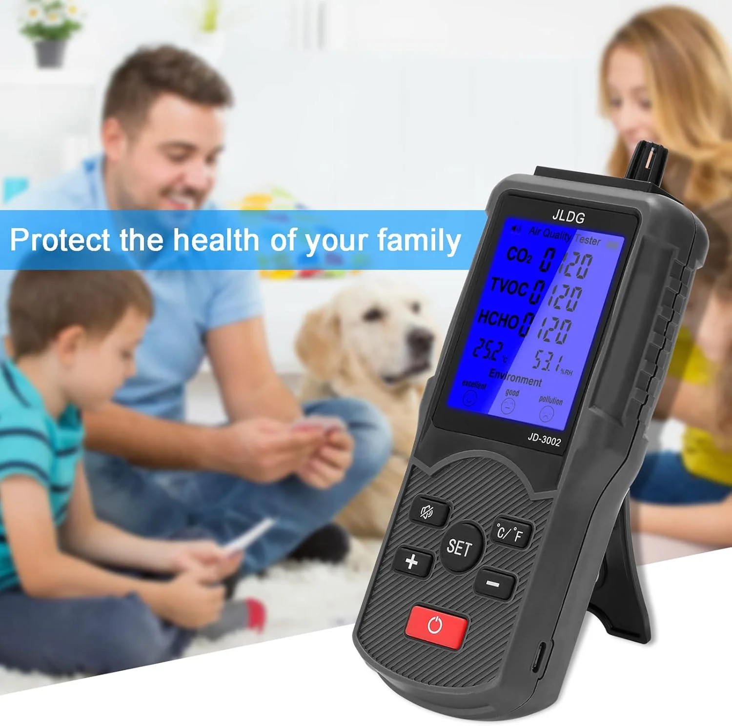 دستگاه سنجش CO2 هانکانر 5 در 1، کیفیت هوا، TVOC، HCHO، دما و رطوبت، آشکارساز CO2 با صفحه نمایش LCD + 1 عدد باتری لیتیومی 1800 میلی آمپر ساعتی + کابل USB + جعبه بسته بندی